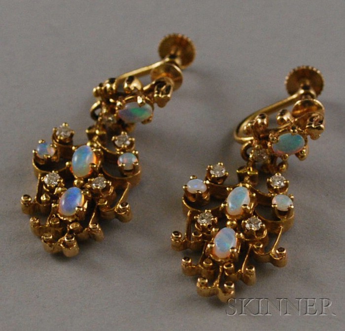 Appraisal: Pair of kt Gold Opal and Diamond Earpendants lg in