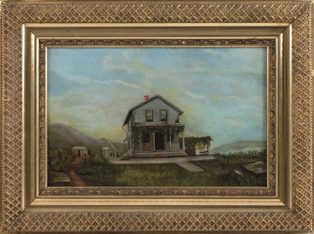 Appraisal: AMERICAN SCHOOL TH CENTURY PRIMITIVE PAINTING OF A COTTAGE OIL