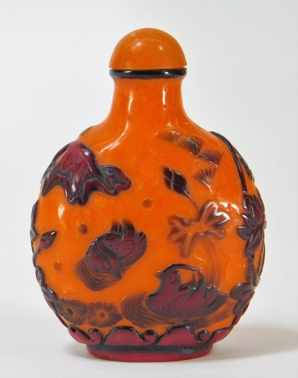 Appraisal: CHINESE ORANGE RED PEKING GLASS BIRDS SNUFF BOTTLE China Early