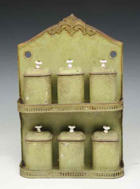 Appraisal: A CONTINENTAL GREEN PAINTED TOLEWARE WALL HANGING SPICE CONTAINER with