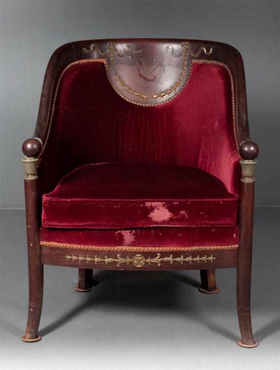 Appraisal: French ormolu-mounted mahogany bergere in the Empire manner late th