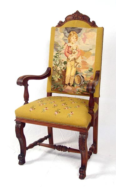 Appraisal: MAHOGANY FRAME NEEDLEPOINT HIGHBACK ARM CHAIR Floral seat boy with