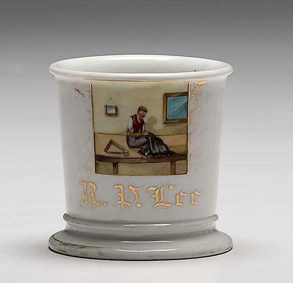 Appraisal: TAILOR'S OCCUPATIONAL SHAVING MUG porcelain with polychrome scene of tailor