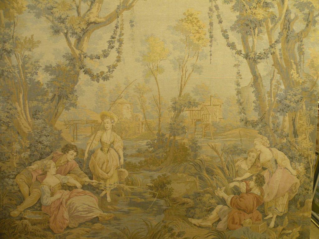 Appraisal: A large Continental machine woven tapestry depicting figures beside cottages