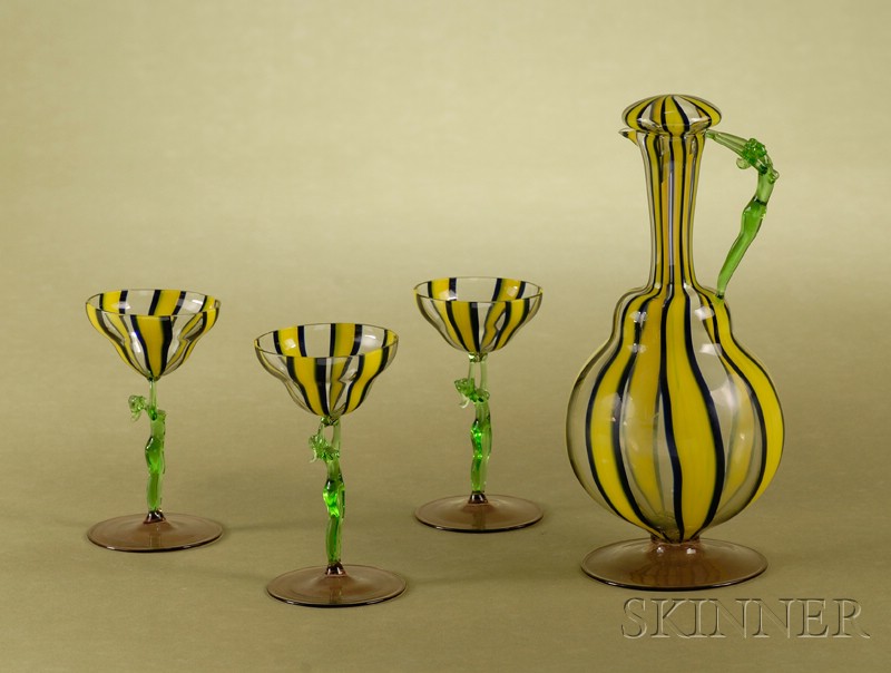 Appraisal: Murano Art Deco Cordial Decanter and Three Matching Stems c