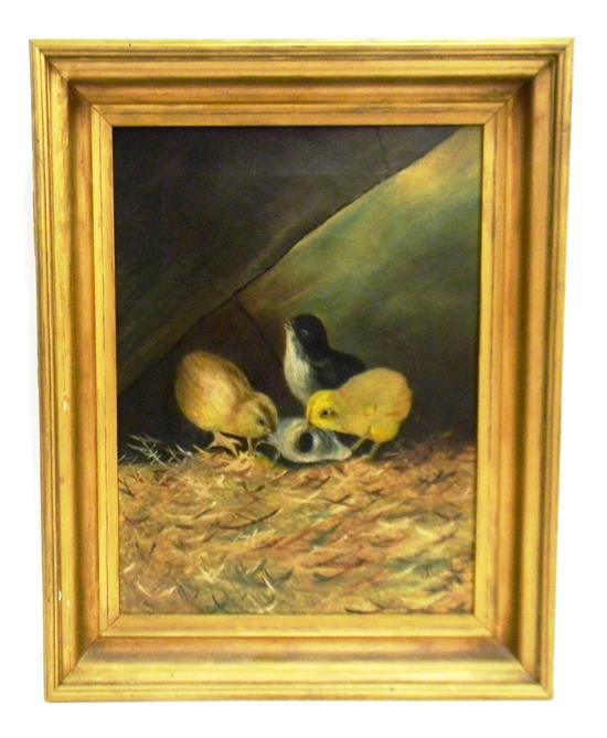 Appraisal: Oil on canvas c three chicks two yellow one black