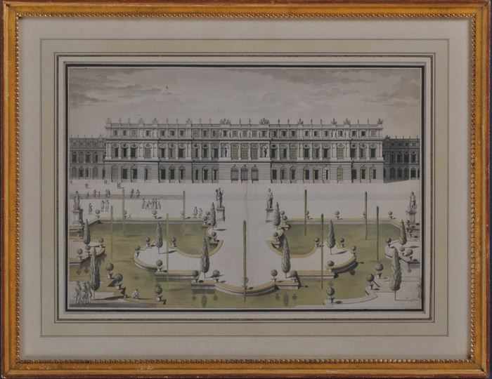 Appraisal: FRENCH SCHOOL VIEW OF VERSAILLES WESTERN FACADE Pen and ink