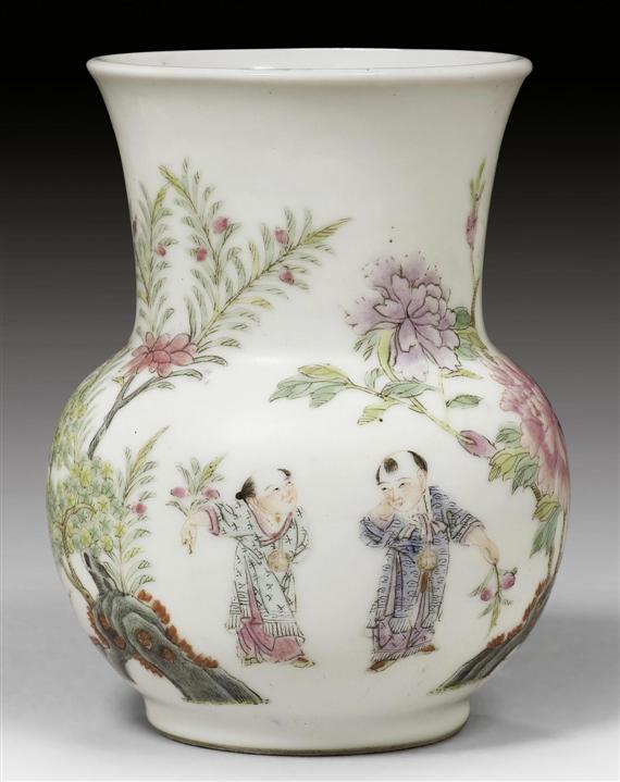 Appraisal: A SMALL FAMILLE ROSE VASE SHOWING TWO BOYS AND GIANT