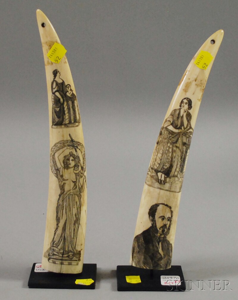 Appraisal: Pair of Scrimshaw-decorated Walrus Tusks lg and in with stands