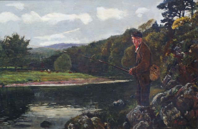 Appraisal: J Hunt The Trout Fisherman oil on board signed 'J