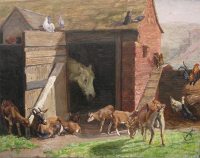 Appraisal: Donald Wood - Farmyard Signed and dated Oil on canvas