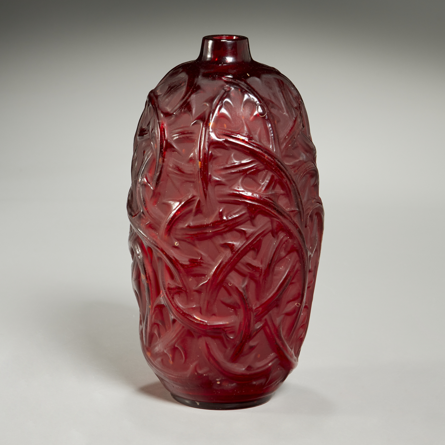 Appraisal: RENE LALIQUE FROSTED RED GLASS 'RONCES' VASE Rene Lalique French