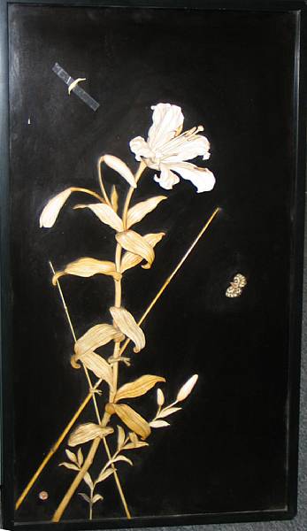 Appraisal: A black lacquered wood wall plaque with ivory and bone