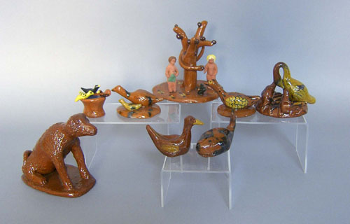 Appraisal: Eight Lester Breininger redware figures tallest - h Provenance Collection