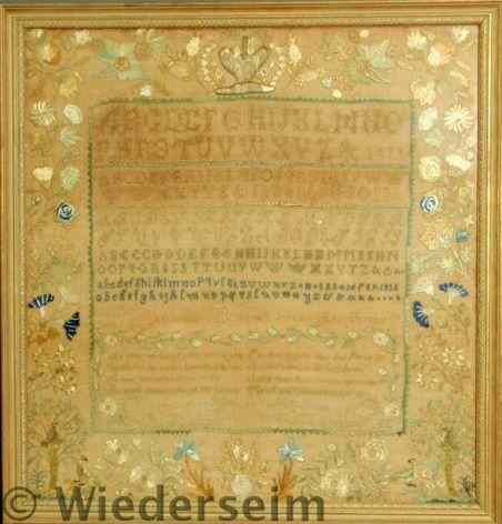 Appraisal: Rare silk on linen sampler wrought by Caroline Sawyer Age