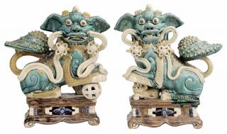 Appraisal: Pair Monumental Sancai-Glazed Ceramic Pair of Chinese Dog Form Water