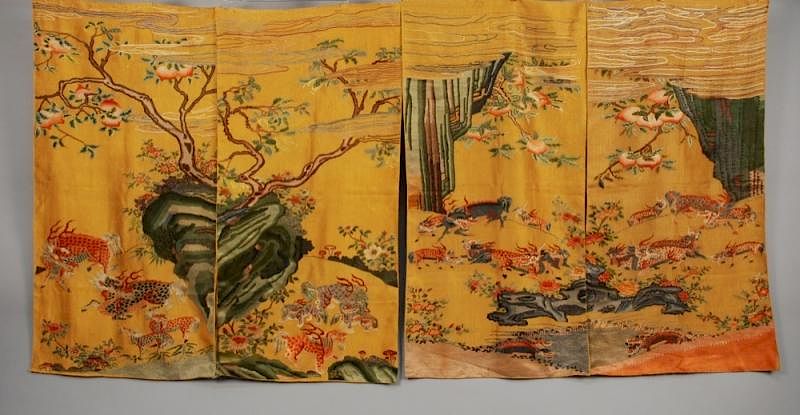 Appraisal: FOUR CHINESE SILK PANELS EARLY th C Each having embroidered