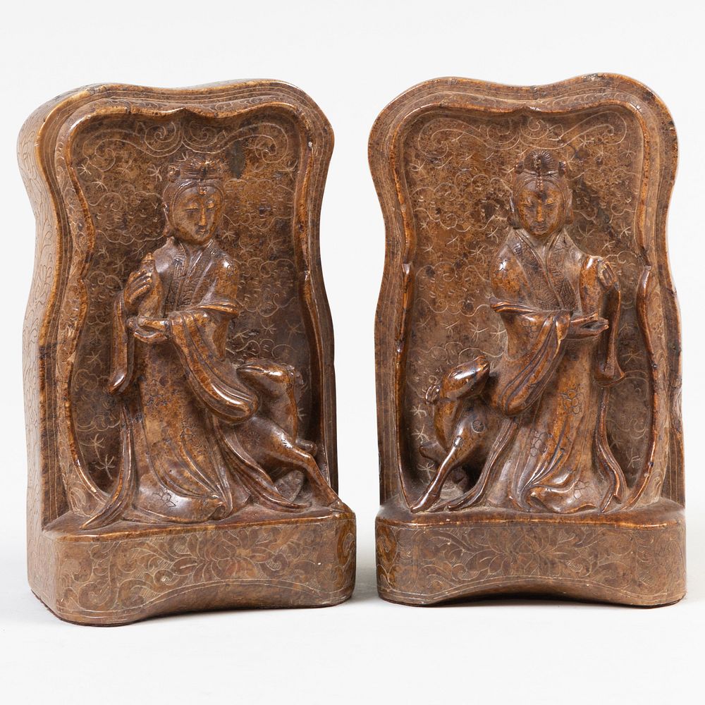 Appraisal: Pair of Chinese Carved Soapstone Book Ends Carved with Guanyin