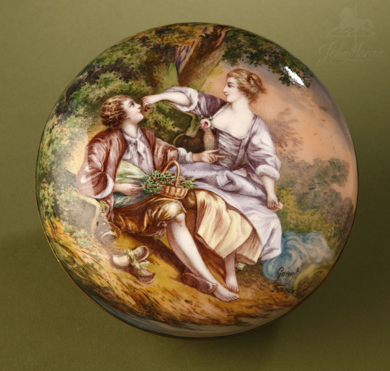 Appraisal: A French enameled circular table box Gamet A French enameled