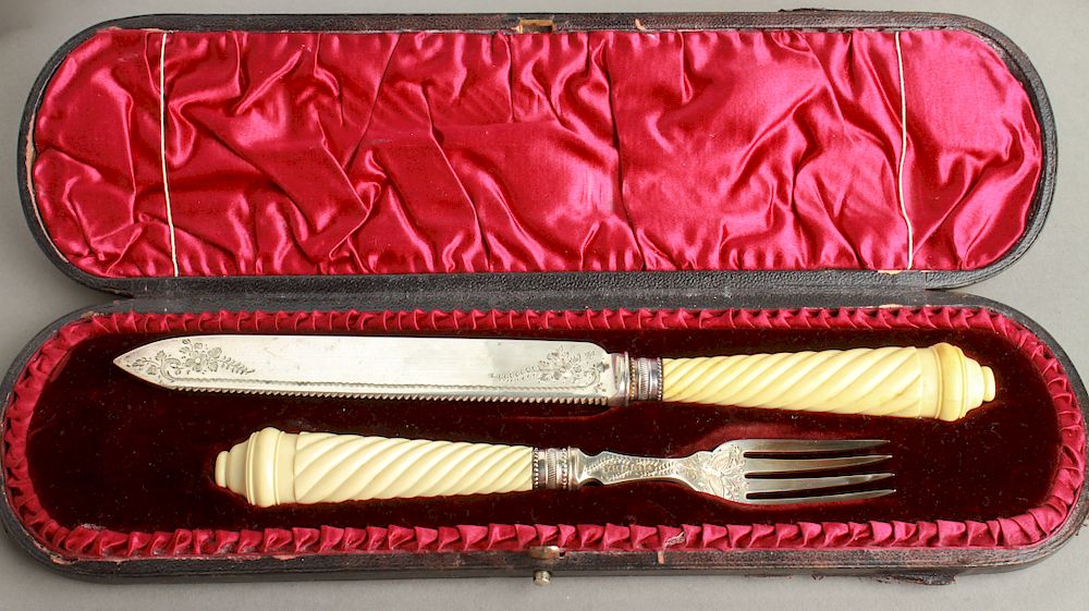 Appraisal: English Silver Serving Fork Knife Set in Box English sterling