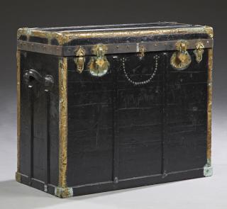 Appraisal: French Leather Covered Wood Travel Trunk th c with brass