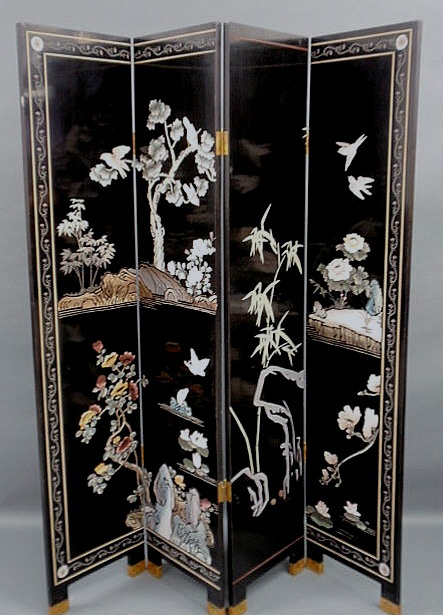 Appraisal: Oriental black lacquered room screen th c with four sections