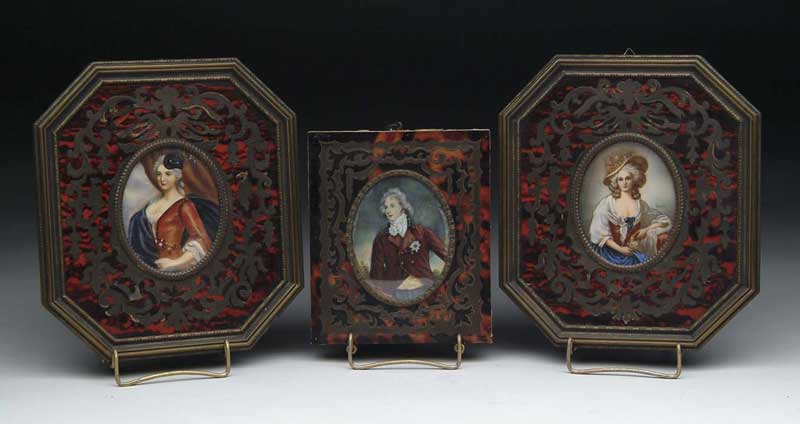 Appraisal: THREE MINIATURE PORTRAITS IN FANCY FRAMES Lot includes a pair