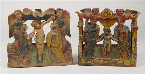 Appraisal: Pair of Religious-Themed Wood Carvings Circa 's Polychromed wood carvings