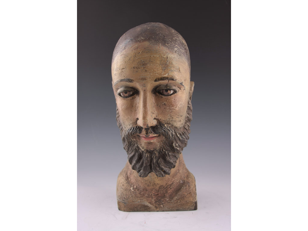 Appraisal: Carved and Polychrome Wood Head Spanish-Colonial likely that of an