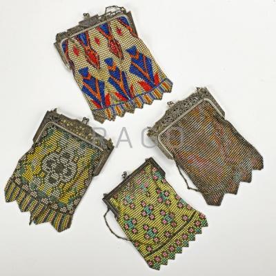 Appraisal: FOUR POLYCHROME ENAMELED MESH BAGS ca Includes Whiting and Davis