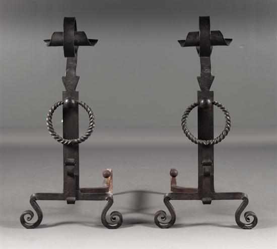 Appraisal: Pair of American Arts and Crafts wrought iron andirons attributed