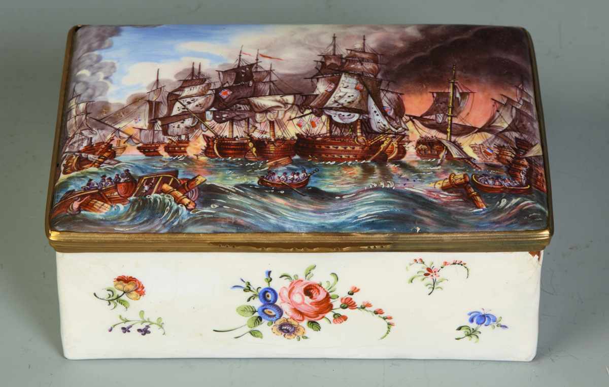 Appraisal: Enamel on Copper French Covered Box Depicting battle of Trafalgar