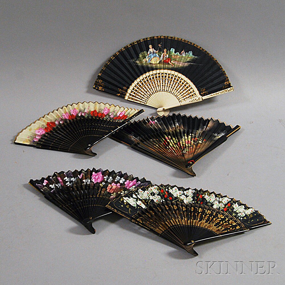 Appraisal: Five Figural- and Floral-decorated Fans Spain th and th century