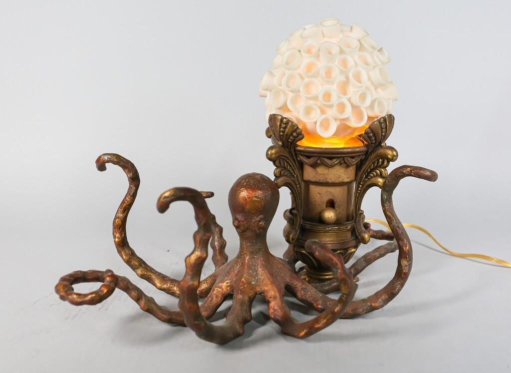 Appraisal: METAL OCTOPUS LAMP WITH POTTERY CORAL SHADEPainted metal octopus attached