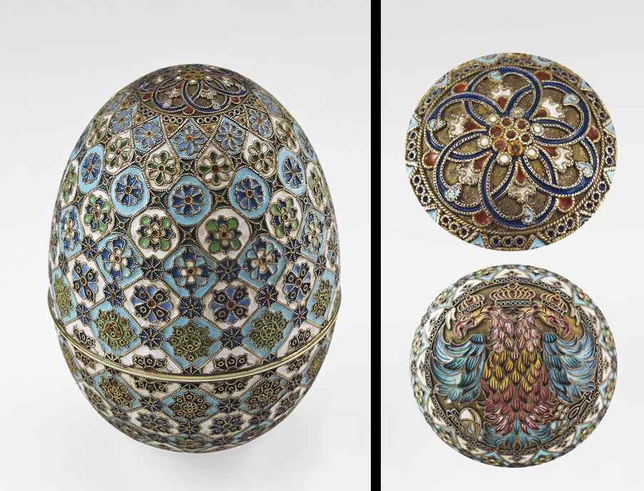 Appraisal: PAVEL OVCHINNIKOV RUSSIAN SILVER AND CLOISONNE EGG Hallmarked with Moscow