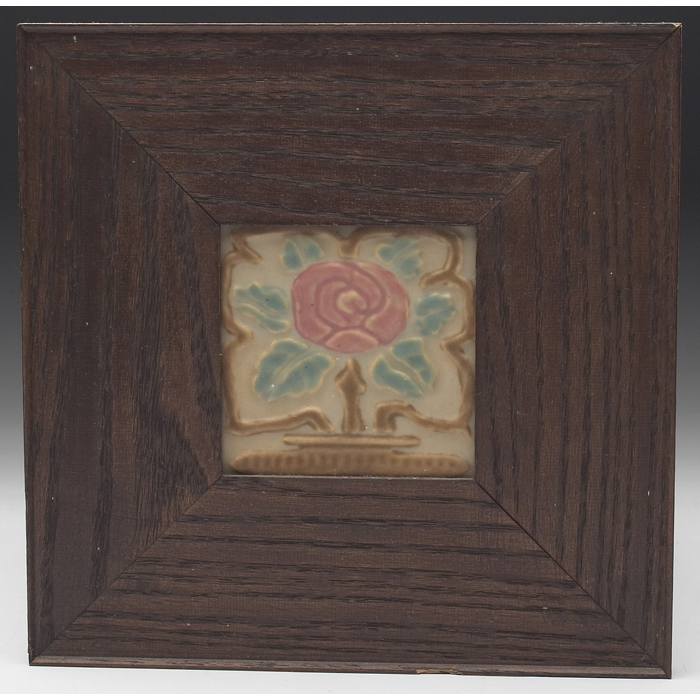 Appraisal: Rookwood Faience tile stylized rose design in green brown pink