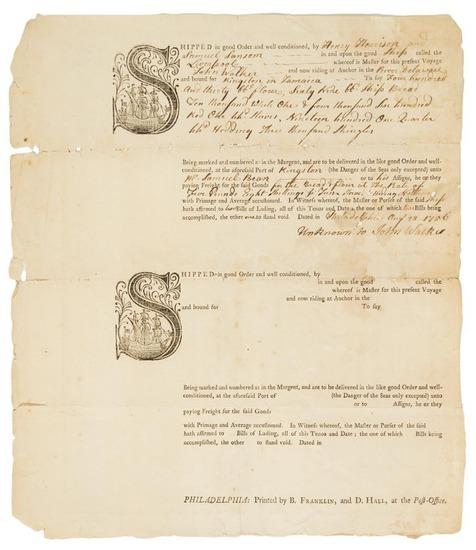 Appraisal: FRANKLIN Benjamin printer Partly-printed bill of lading Philadelphia B Franklin