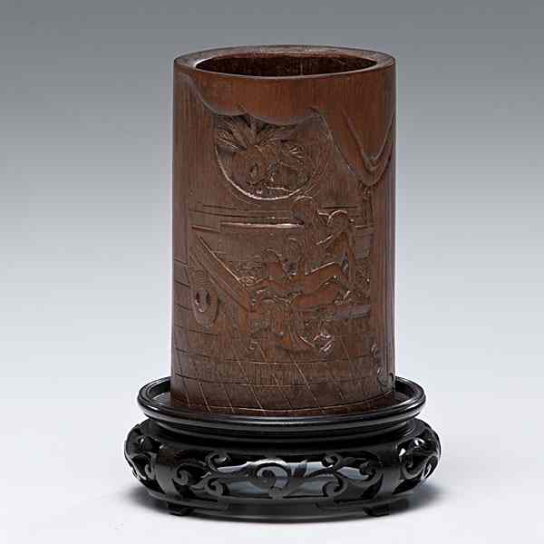 Appraisal: Erotic Bamboo Brush pot Japanese th century a bamboo brush