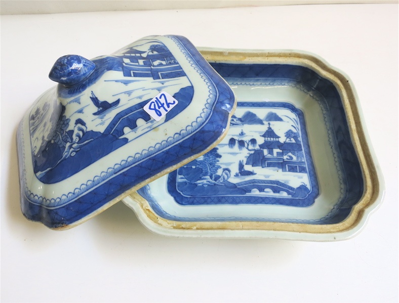 Appraisal: CHINESE CANTON BLUE AND WHITE EXPORT CERAMIC COVERED BOWL having