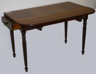 Appraisal: rope leg Sheraton mahogany drawer drop leaf table descending in