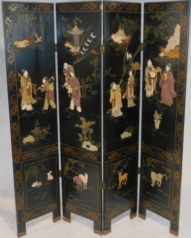 Appraisal: EARLY TH C FOUR-FOLD ORIENTAL LACQUERED SCREENwith carved hardstone figures