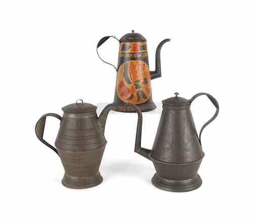 Appraisal: Three tin coffee pots th c with later tole and