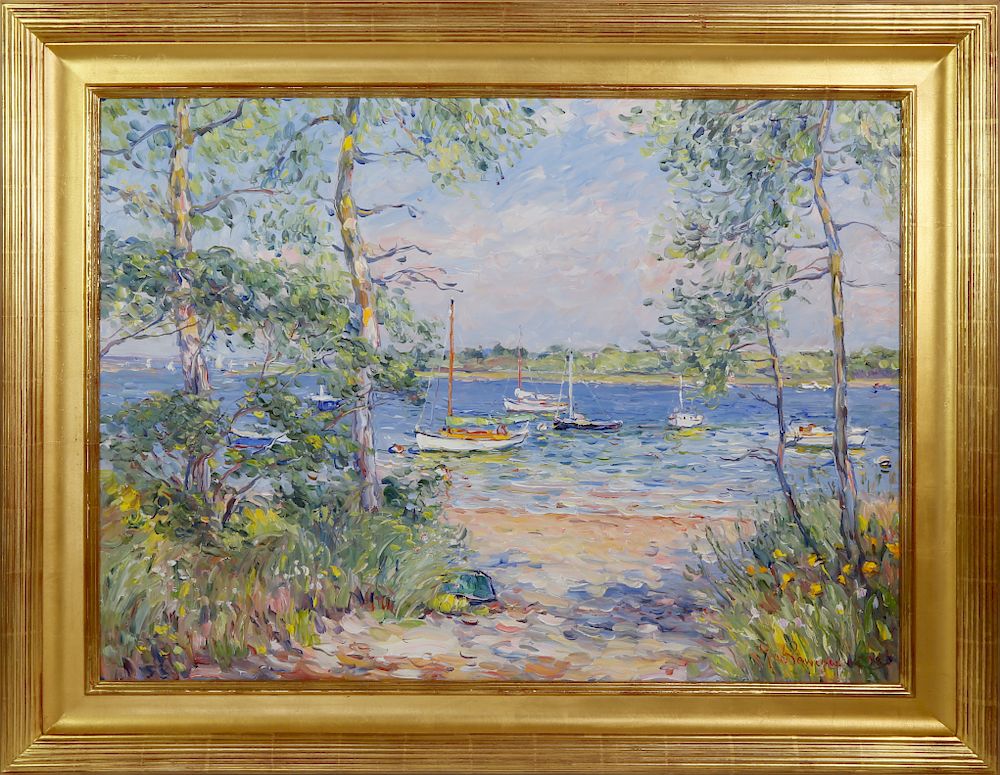 Appraisal: Jan Pawlowski Oil on Canvas Sailboats Moored in Polpis Harbor