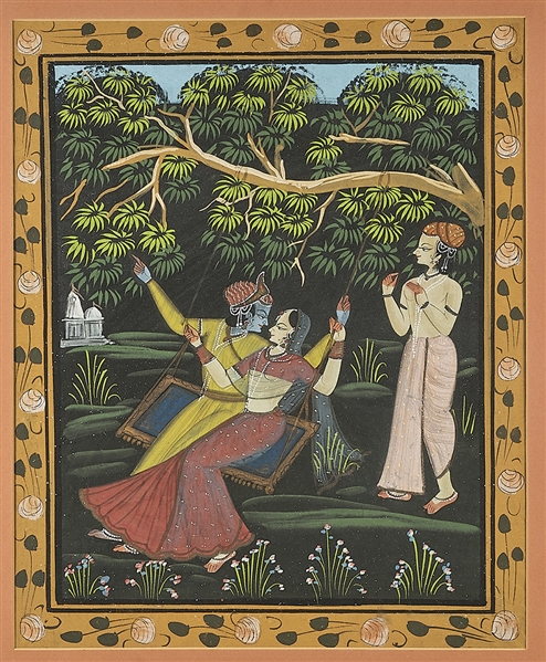 Appraisal: Indian painting on silk depicting scene with Krishna framed x