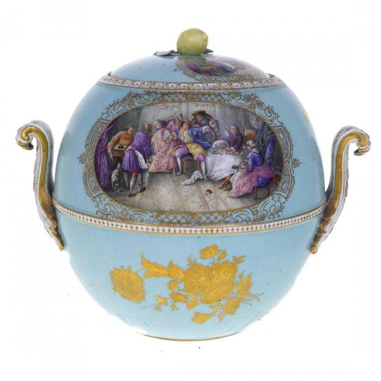 Appraisal: A MEISSEN TWO HANDLED GLOBULAR TURQUOISE GROUND JAR AND COVER