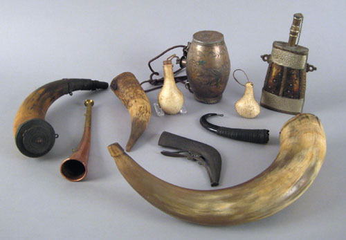 Appraisal: Group of ten horns and flasks th c largest -