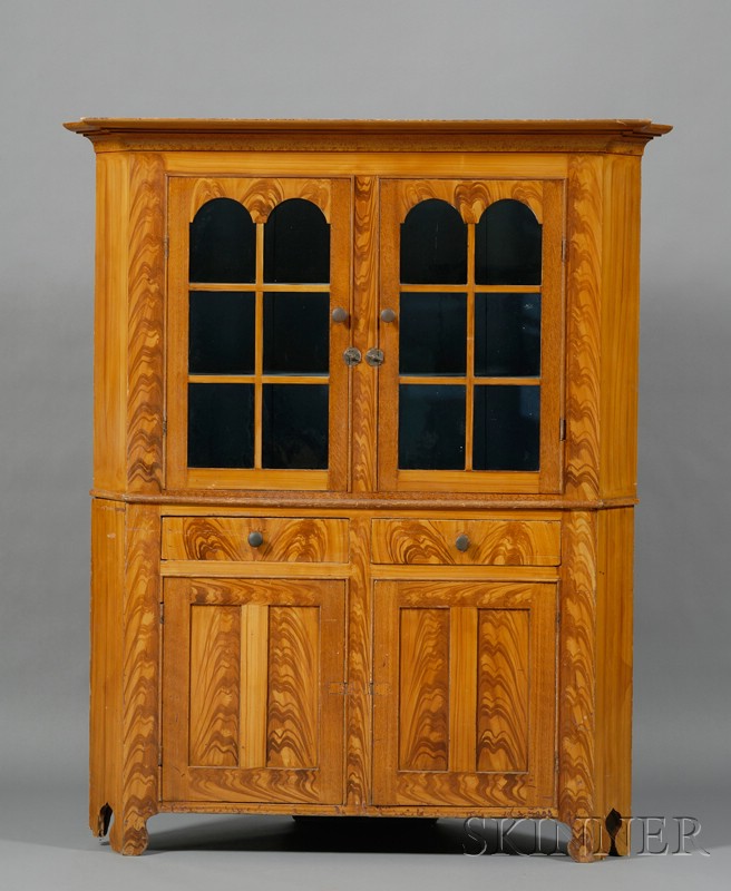 Appraisal: Grain-painted Glazed Two-part Corner Cupboard probably Pennsylvania early th century