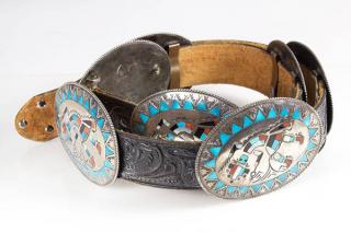 Appraisal: Native American inlay silver concho belt Benson Boyle Native American