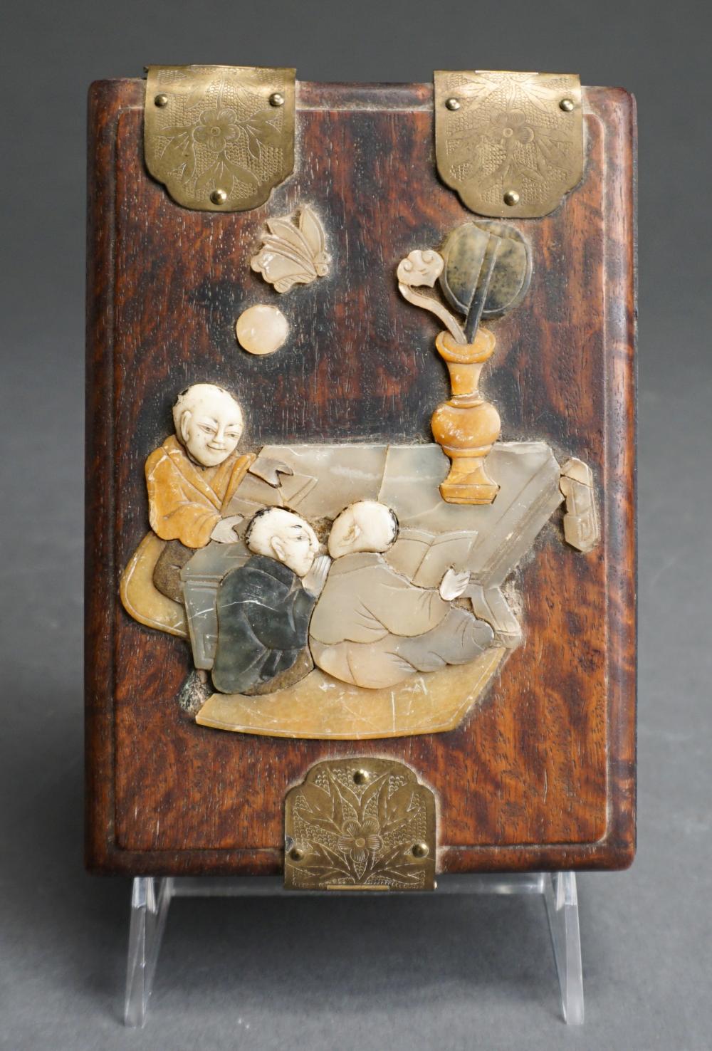 Appraisal: Chinese Soapstone Mounted Hinged Wood Box L in cm