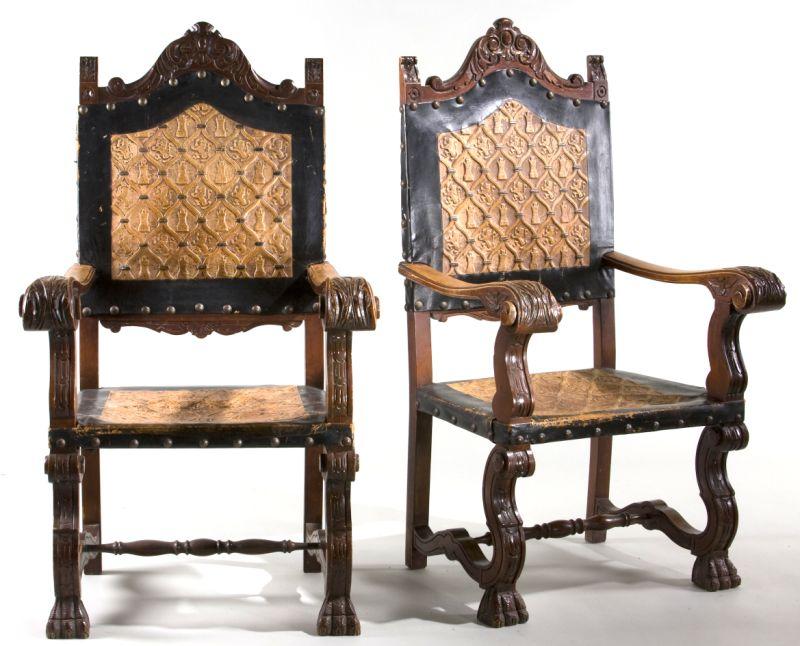 Appraisal: Pair of Carved Open Arm Hall Chairs early th century